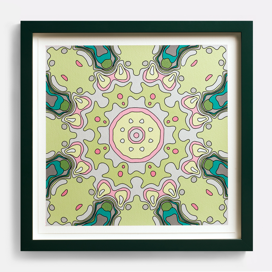 <br/>Fob Green Mandrel, 2012<br/>15" x 15" framed<br/>acrylic and ink on paper with painted frame